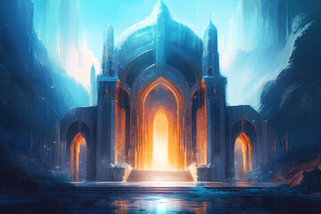 Step into a realm of fantasy with this enchanting artwork of a mystical cathedral - obrazy, fototapety, plakaty