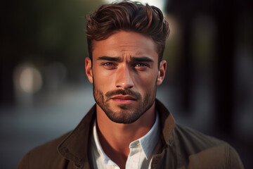 A stylish young man poses confidently in a city setting