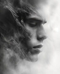 Black and white portrait of a young girl in smoke and fog close-up