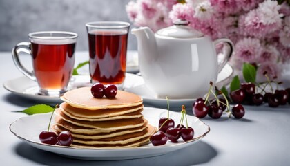 A stack of pancakes with cherries on top and two cups of tea - Powered by Adobe