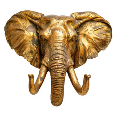 Golden or bronze head of an elephant statue, transparent or isolated on white background