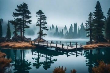 A mist-covered lake surrounded by old pine trees, with a wooden footbridge leading to a little island in the center.