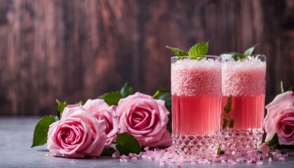 A glass of pink drink with a rose petal on top