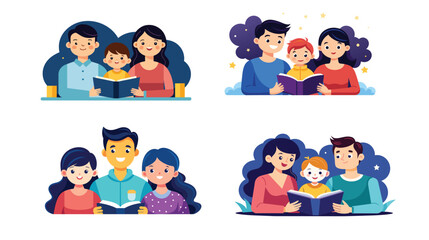 Family Reading Time, Diverse Illustrations of Bedtime Stories