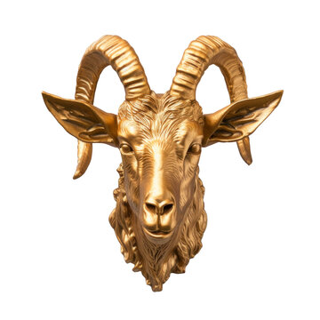 Golden or bronze head of a goat statue, transparent or isolated on white background