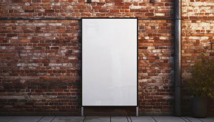 Blank, empty, white billboard on a red brick wall. Concept of mock-up, banner, advertising, advertisement, ad, copy space for logo, message, text - obrazy, fototapety, plakaty