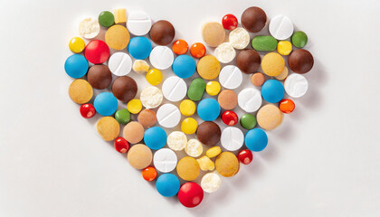 Heat shaped with various color pills or tablets. Health and wellbeing 