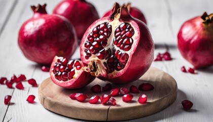 A pile of pomegranates on a cutting board