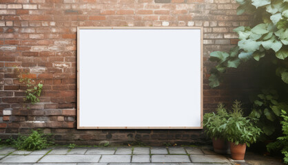 Blank, empty, white billboard on a red brick wall. Concept of mock-up, banner, advertising, advertisement, ad, copy space for logo, message, text - obrazy, fototapety, plakaty