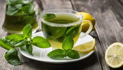 A glass of mint tea with lemon slices on a plate