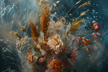 some dried flowers with some water splashed in