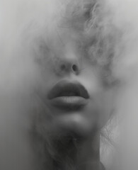 Black and white portrait of a young girl in smoke and fog close-up