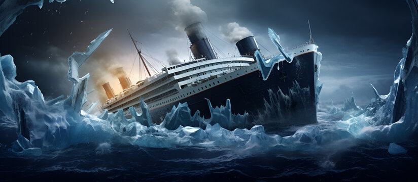 a heavy Cruise ship drown into the sea The Titanic Colliding With An Iceberg Depicting The Moment of Impact in The Midst of The Dark and Icy Ocean Seascape Background.