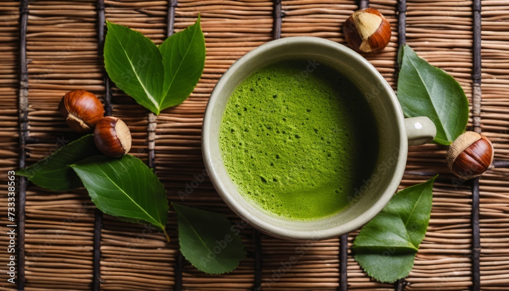 Wall mural A cup of green tea with leaves and nuts