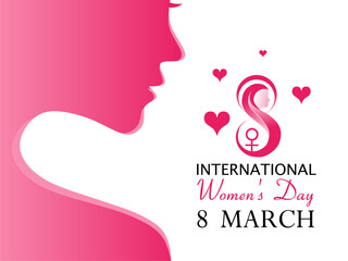 Celebrating International Women's Day, March 8, with a pink concept of a woman's face on the left and a female symbol design on the right