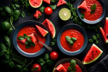 A delicious cucumber-watermelon gazpacho with a dash of mint. 