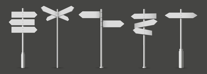 White fingerpost. Directional sign, 3D wayfinding arrows on pole isolated realistic vector illustration set - obrazy, fototapety, plakaty