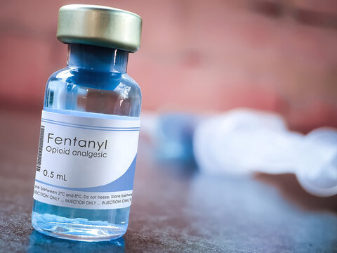Fentanyl medical bottle concept, fentanil is opioid used as a pain medication and for anesthesia. Its also used as a recreational drug mixed with heroin or cocaine
