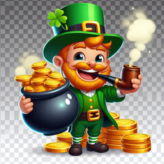 St. Patrick's Day, a leprechaun in a green suit and cylinder holds a pot full of gold coins in his hand.