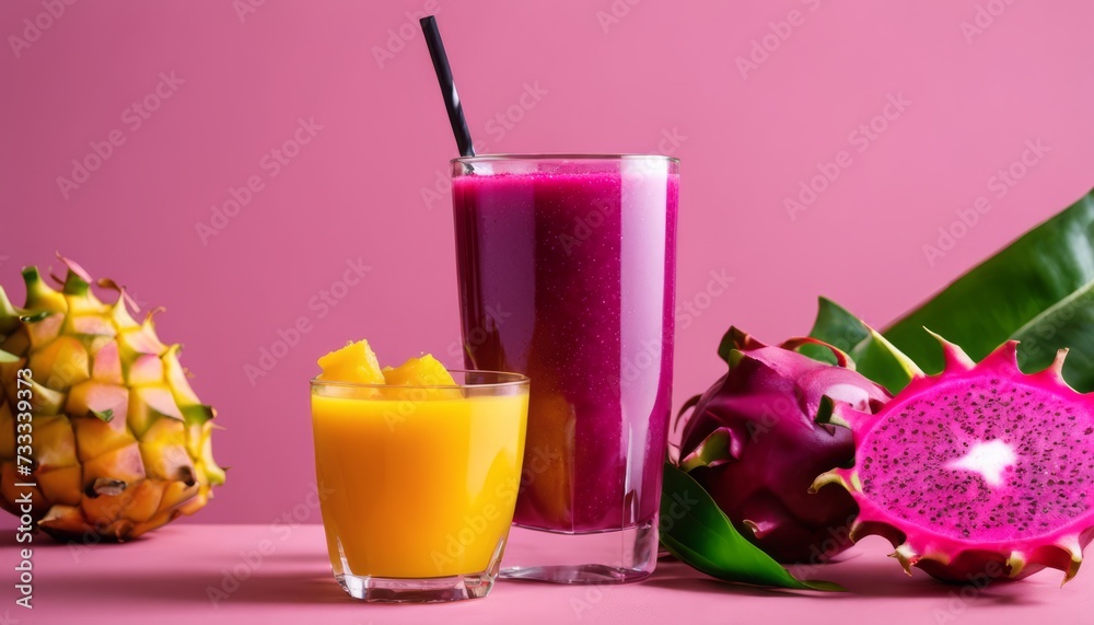 Sticker A pink background with a glass of juice, a glass of smoothie, and a pineapple