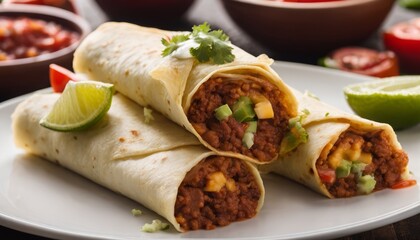 A plate of burritos with meat, cheese, and vegetables