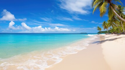 Fototapeta na wymiar Travel banner on summer. beautiful beach. Idyllic sandy beach with clear turquoise ocean and palms. 