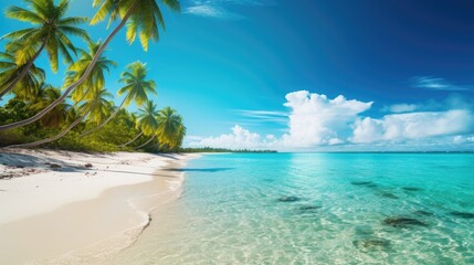 Fototapeta na wymiar Travel banner on summer. beautiful beach. Idyllic sandy beach with clear turquoise ocean and palms. 
