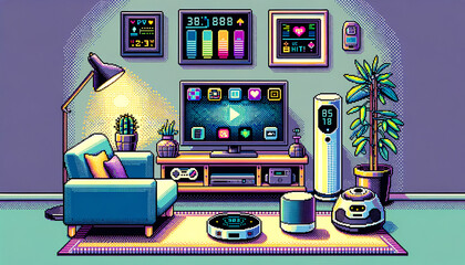Pixelated smart home devices in cozy 8-bit living room.