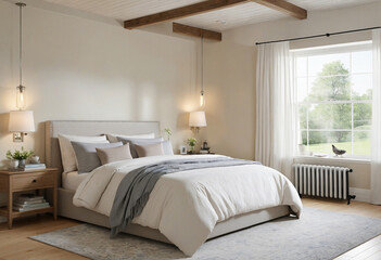 a light colored farmhouse bedroom interior. 