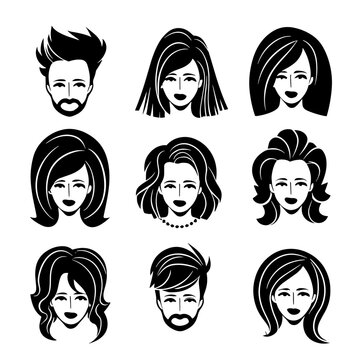 Big black hair silhouettes collection of fashionable haircuts or hairstyles for girls, isolated on white background. Fashion hand drawn vector illustration