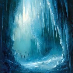 Majestic Ice Cave with Ethereal Light and Silhouetted Figures