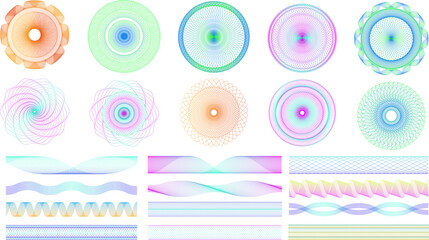 Seamless guilloche patterns. Spirograph geometric radial shapes and border lines dividers decorative art vector set