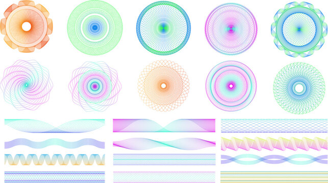 Seamless guilloche patterns. Spirograph geometric radial shapes and border lines dividers decorative art vector set