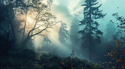 The image depicts a serene and mystical forest scene, bathed in the golden light of the sun filtering through the morning mist. On the left, an imposing rock face is partially visible, while a mix of 