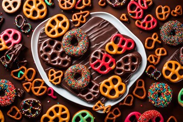 A holiday tray of chocolate-covered pretzels with multicolored sprinkles