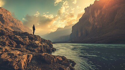A person stands on a rocky outcrop gazing over a serene body of water at sunset. The water reflects the golden glow of the sun as it dips behind the rugged mountains. The mountains ascend majestically - Powered by Adobe