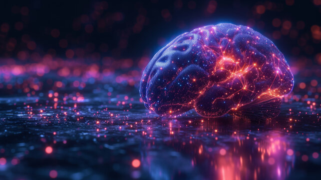 A vibrant digital representation of a human brain in cyberspace, with neural connections and energy pulses..