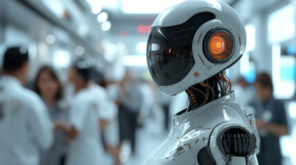 Close-up of a humanoid robot's head with an intricate vision system in a busy scientific research facility.