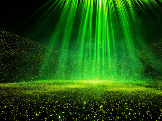 Asymmetric green light burst, abstract beautiful rays of lights on dark green background