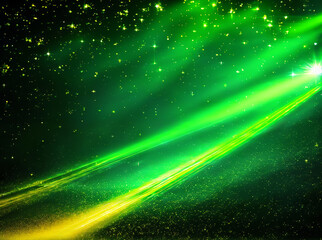 Fototapeta na wymiar Asymmetric green light burst, abstract beautiful rays of lights on dark green background