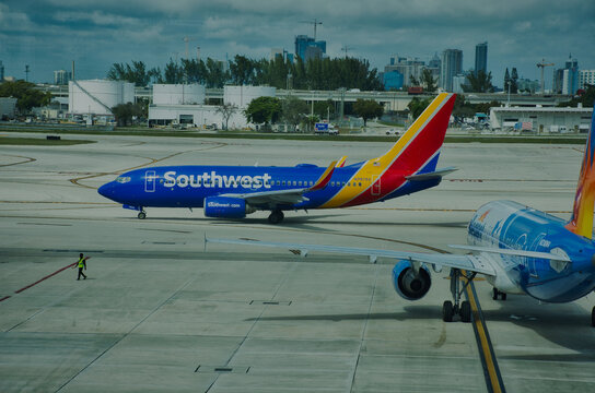Southwest Airlines, Boeing 737 at Miami Airport. US Economy Airlines.