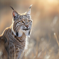 Obraz premium Majestic Bobcat Portrait in Golden Light, Intense Gaze in Natural Habitat, Wildlife Photography