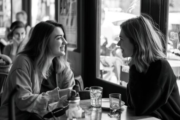 Two women engrossed in conversation, sharing stories and connecting with each other at a table. - obrazy, fototapety, plakaty