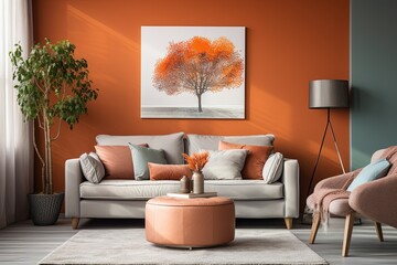 a living room with orange walls and a white couch