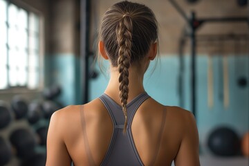 A determined woman with a braided hairstyle confidently showcases her strength during a workout session in the gym.