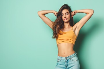 Young woman in tank top raises her arms, her armpits are shaved. Studio photo with copy space.