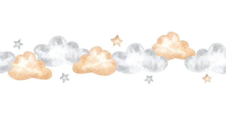 Cloud seamless border watercolor frame illustration. Sky and stars pattern for baby room. Hand drawn template on isolated background. Lullaby and nursery design, wall art stickers and wallpaper