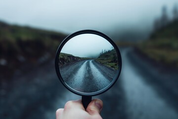 A person holds a magnifying glass to closely inspect the details of a road.