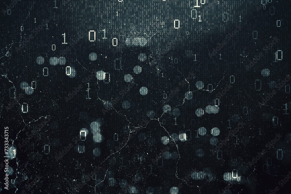 Aufkleber Abstract dark hacking background with bokeh circles and binary coding. Malware and phishing, data theft concept. 3D Rendering.