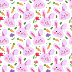 Seamless pattern with cute rabbits, flowers and carrots on white background. Easter holiday wrapping paper, textile design, fabric.